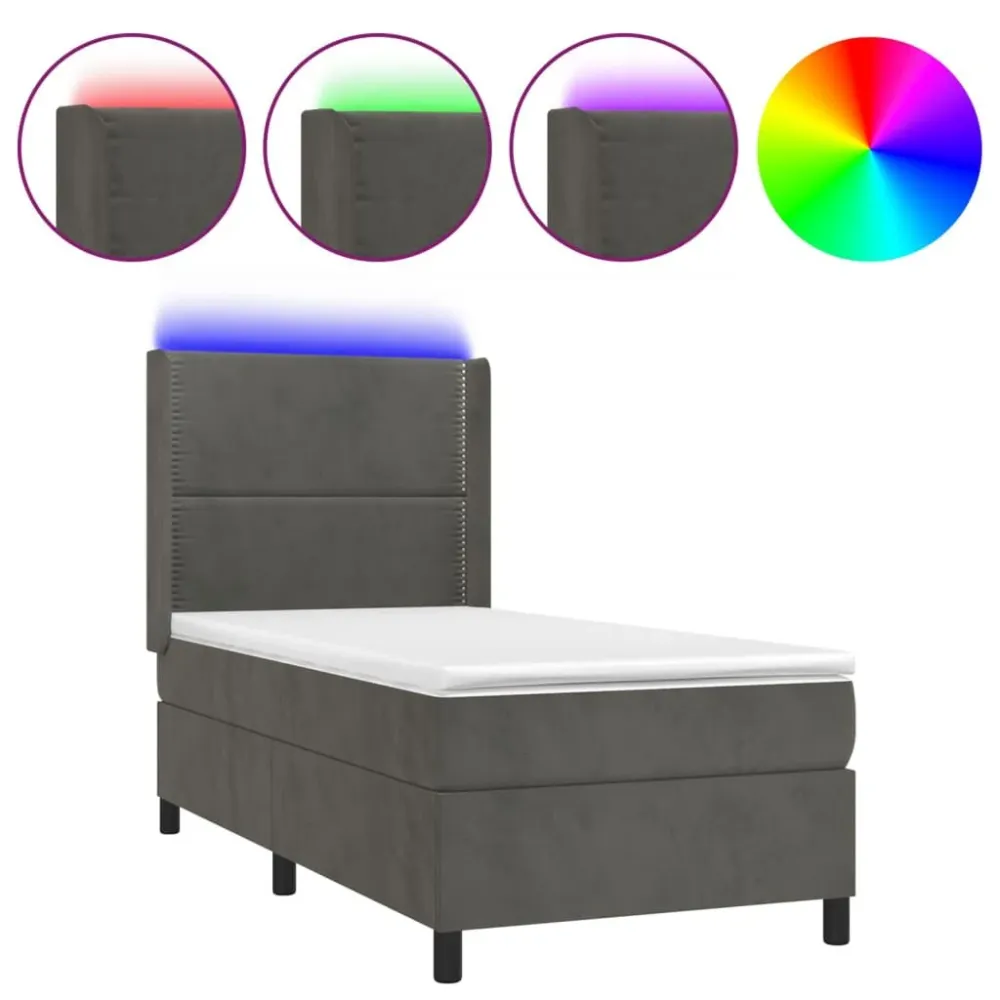 Cama box spring com colchão/LED 100x200cm veludo cinzento-escuro