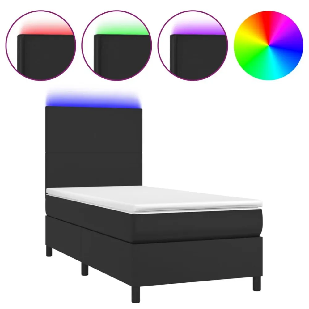 Cama box spring com colchão/LED 100x200cm couro artificial preto