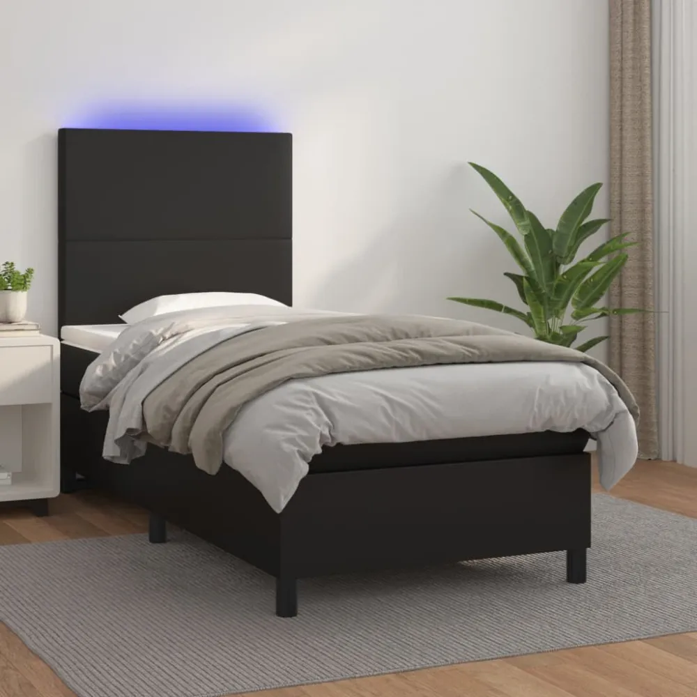 Cama box spring com colchão/LED 100x200cm couro artificial preto