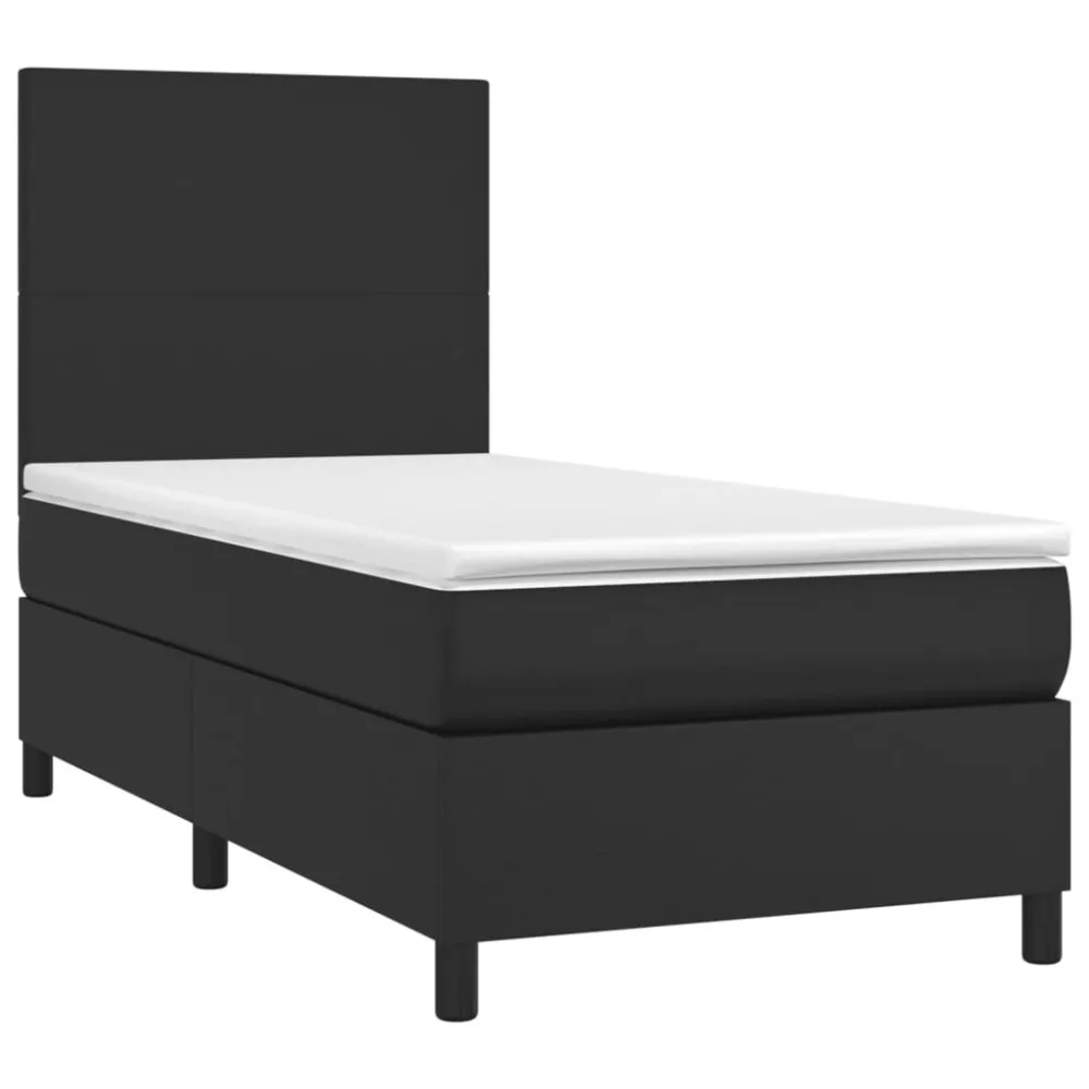 Cama box spring com colchão/LED 100x200cm couro artificial preto