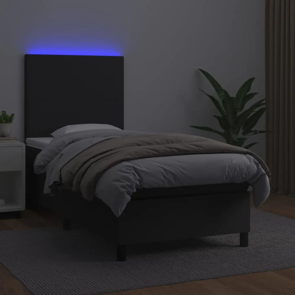 Cama box spring com colchão/LED 100x200cm couro artificial preto