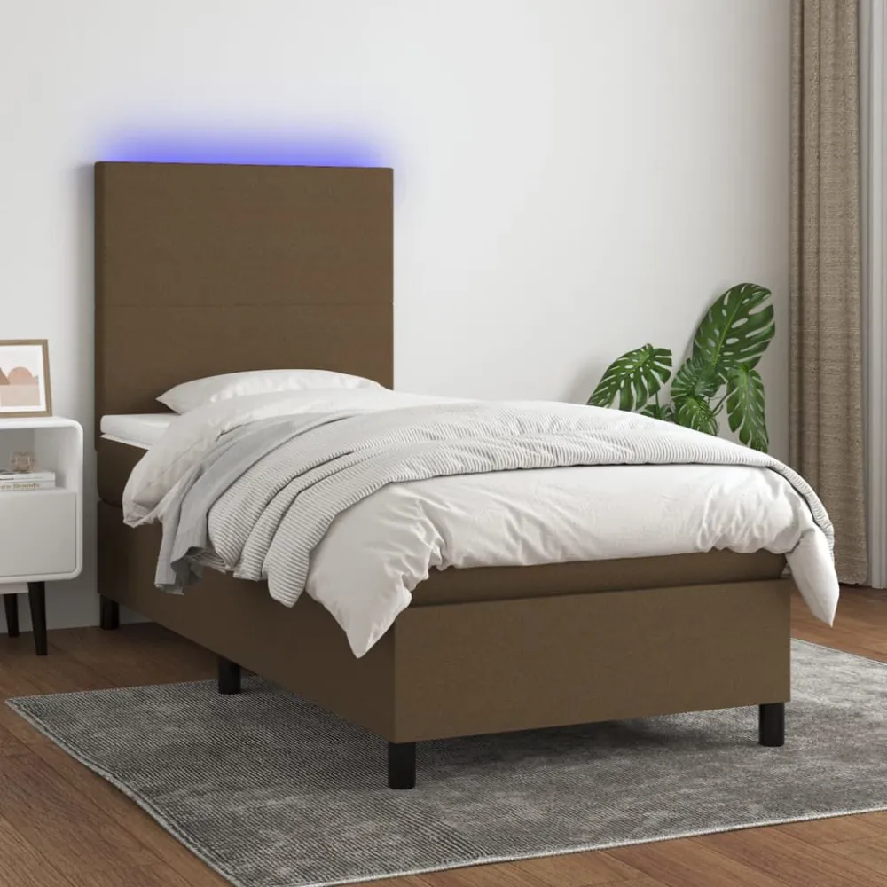 Cama box spring com colchão/LED 100x200cm tecido castanho-escuro