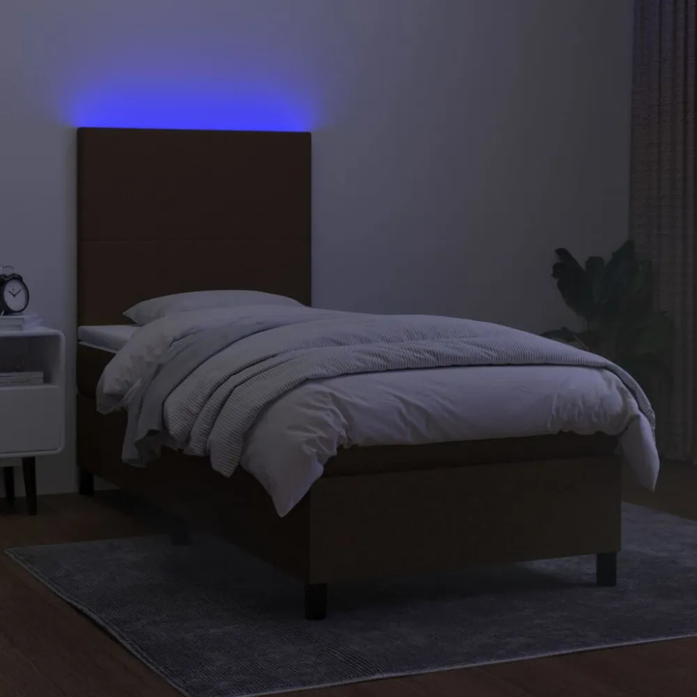 Cama box spring com colchão/LED 100x200cm tecido castanho-escuro