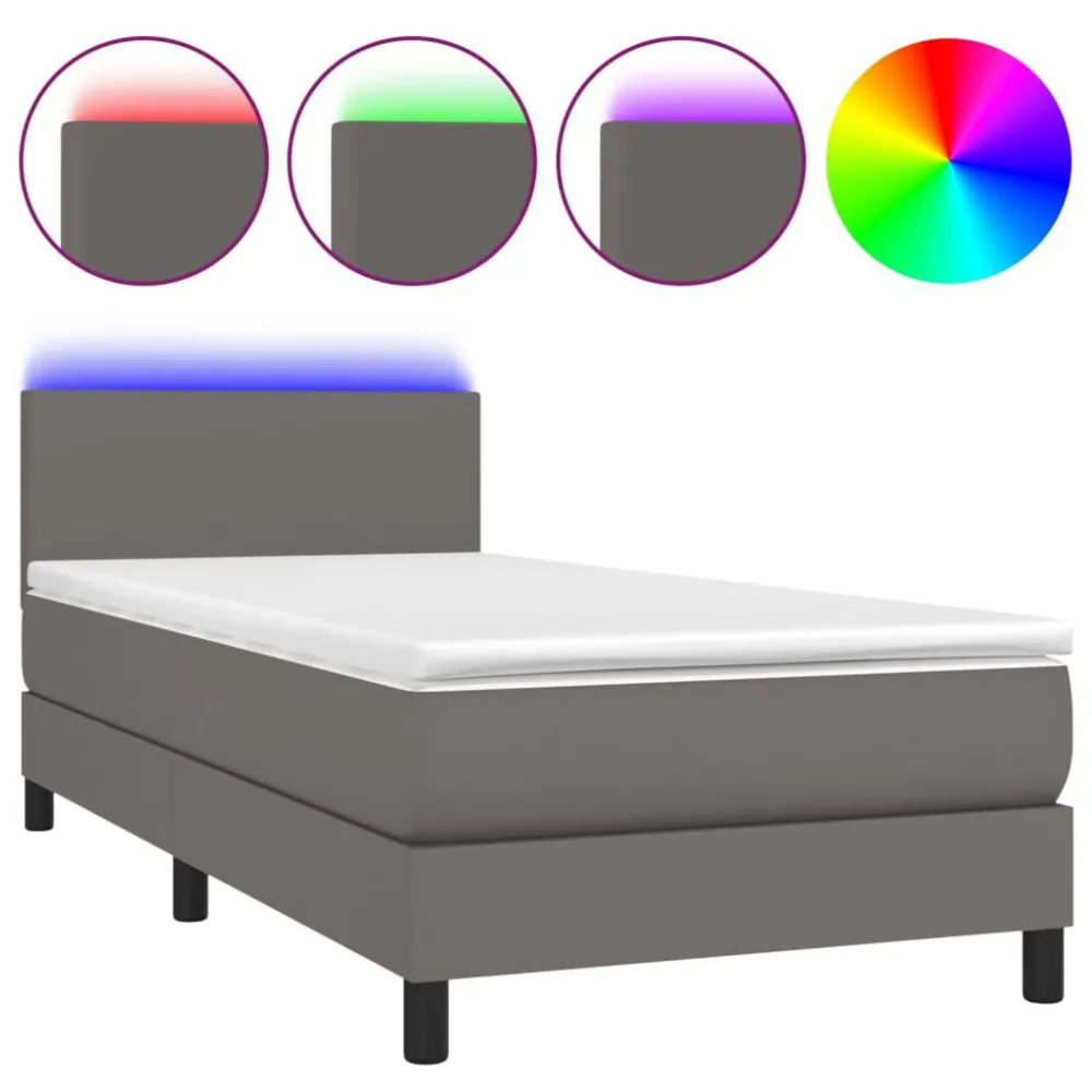 Cama box spring com colchão/LED 100x200cm couro artificial cinza