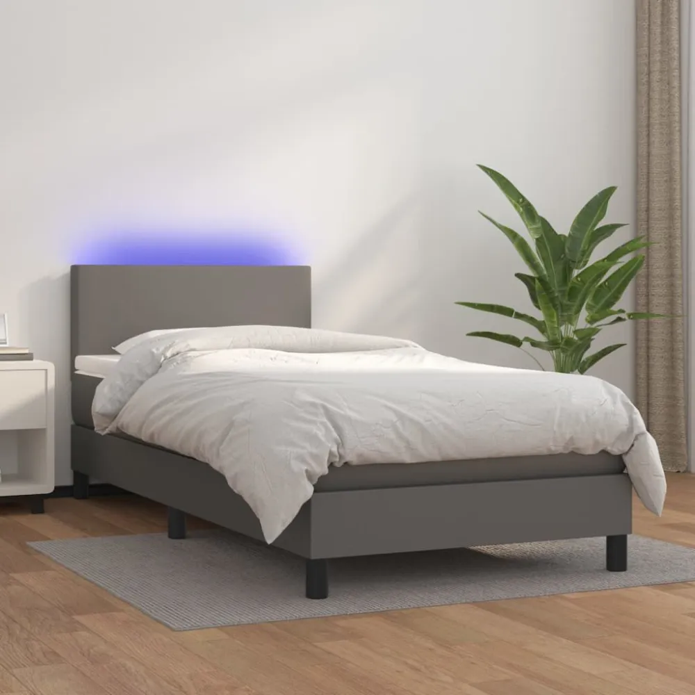 Cama box spring com colchão/LED 100x200cm couro artificial cinza