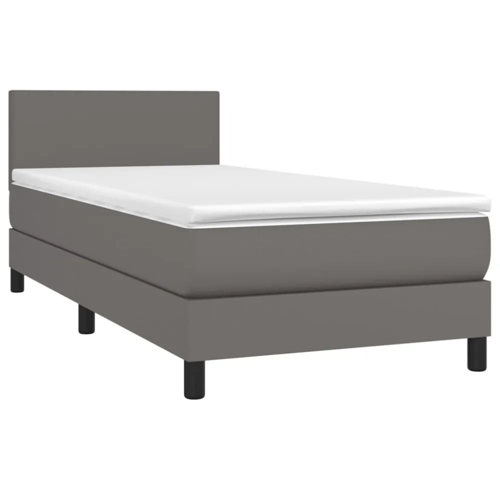 Cama box spring com colchão/LED 100x200cm couro artificial cinza