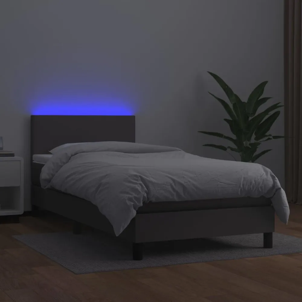 Cama box spring com colchão/LED 100x200cm couro artificial cinza