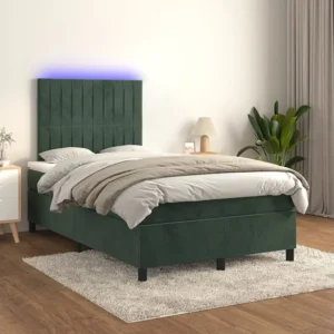 Cama box spring com colchão/LED 120x200 cm veludo verde-escuro