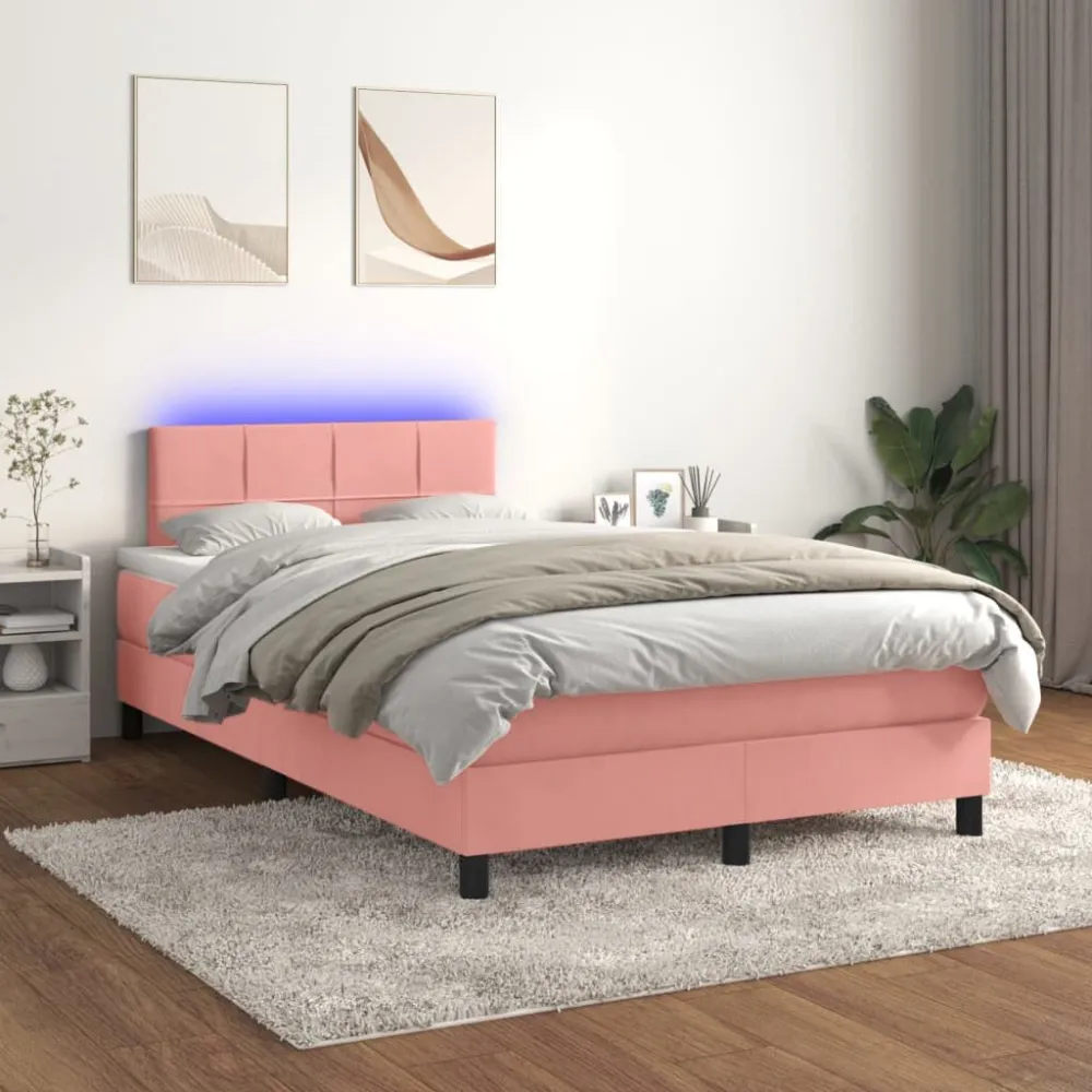 Cama box spring com colchão/LED 120x200 cm veludo rosa