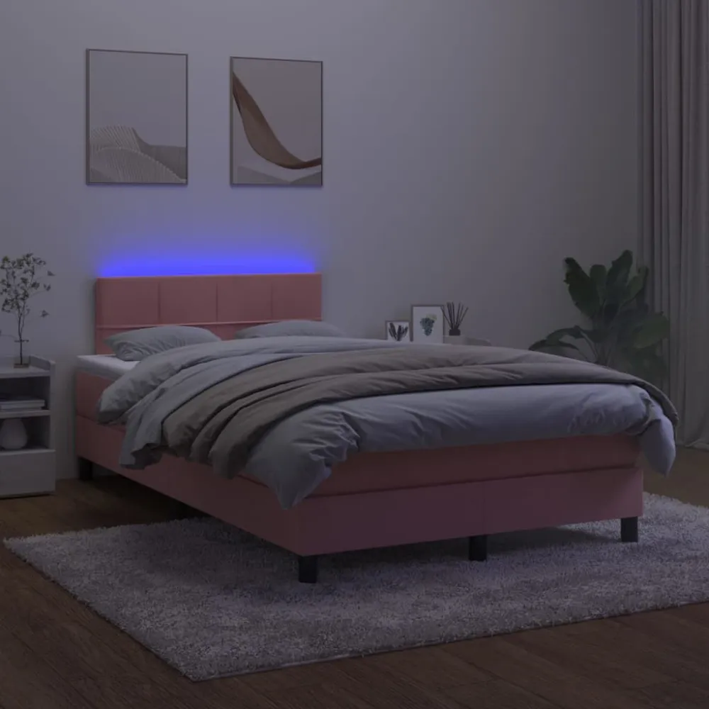 Cama box spring com colchão/LED 120x200 cm veludo rosa