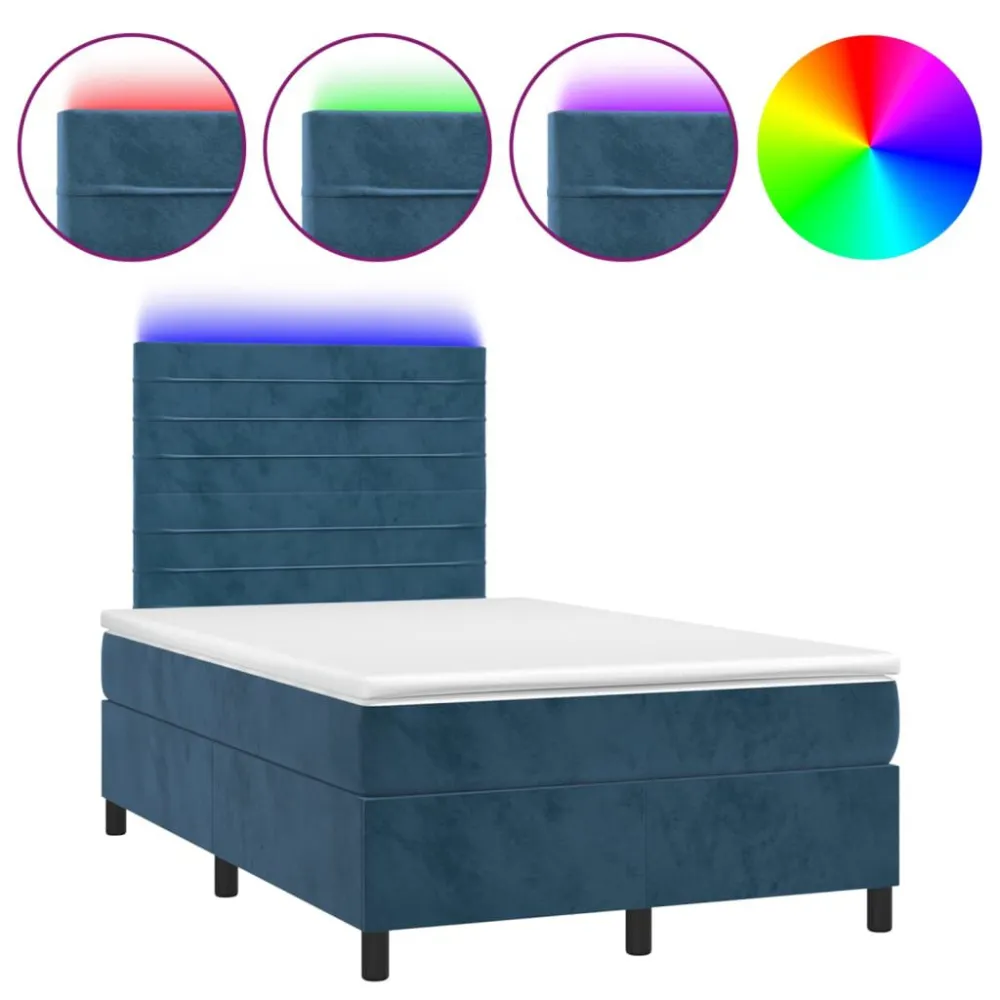 Cama box spring com colchão/LED 120x200 cm veludo azul-escuro
