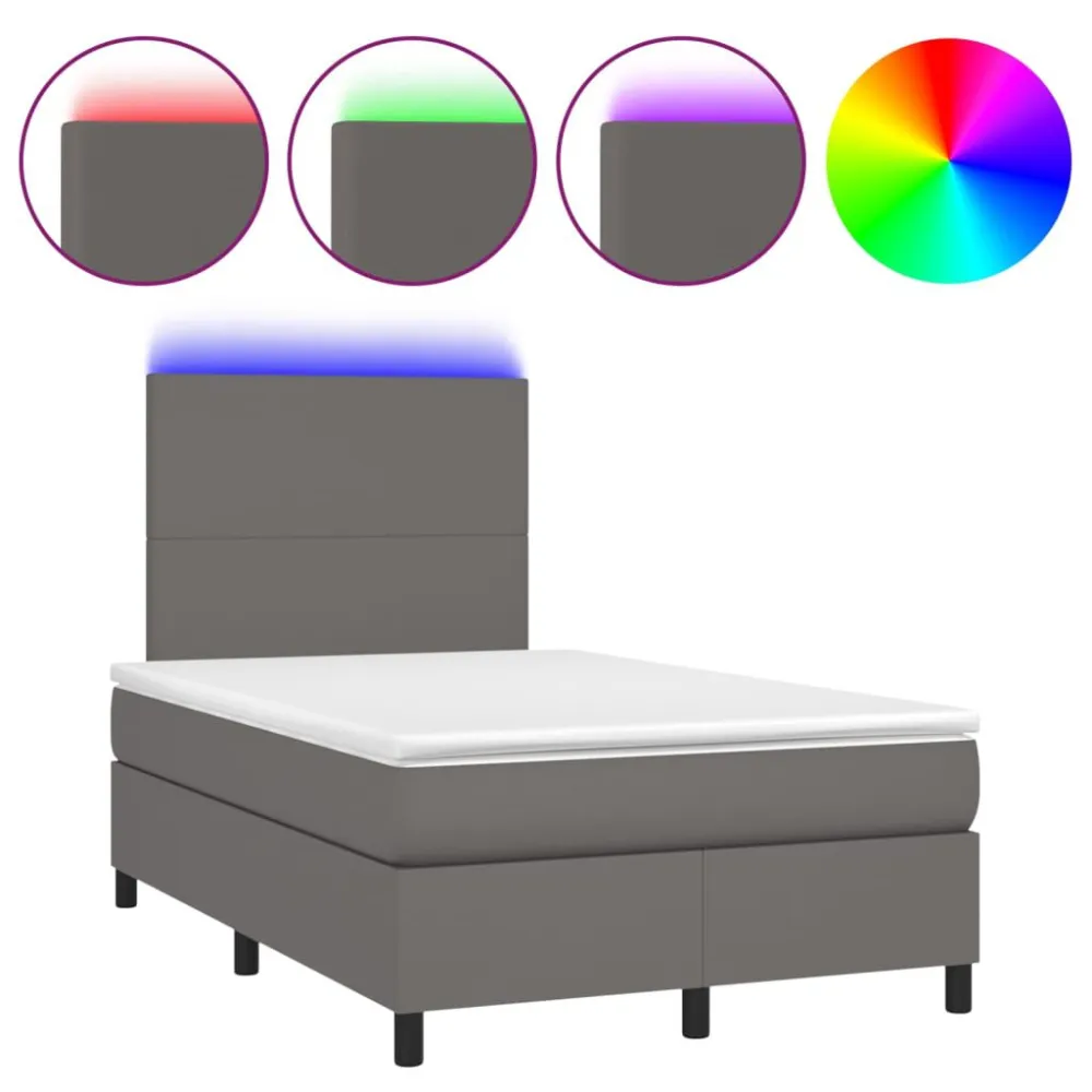 Cama box spring com colchão/LED 120x200cm couro artificial cinza