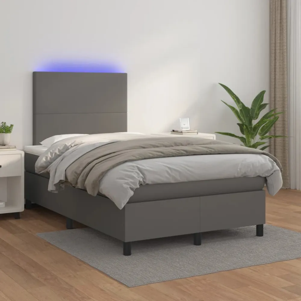 Cama box spring com colchão/LED 120x200cm couro artificial cinza