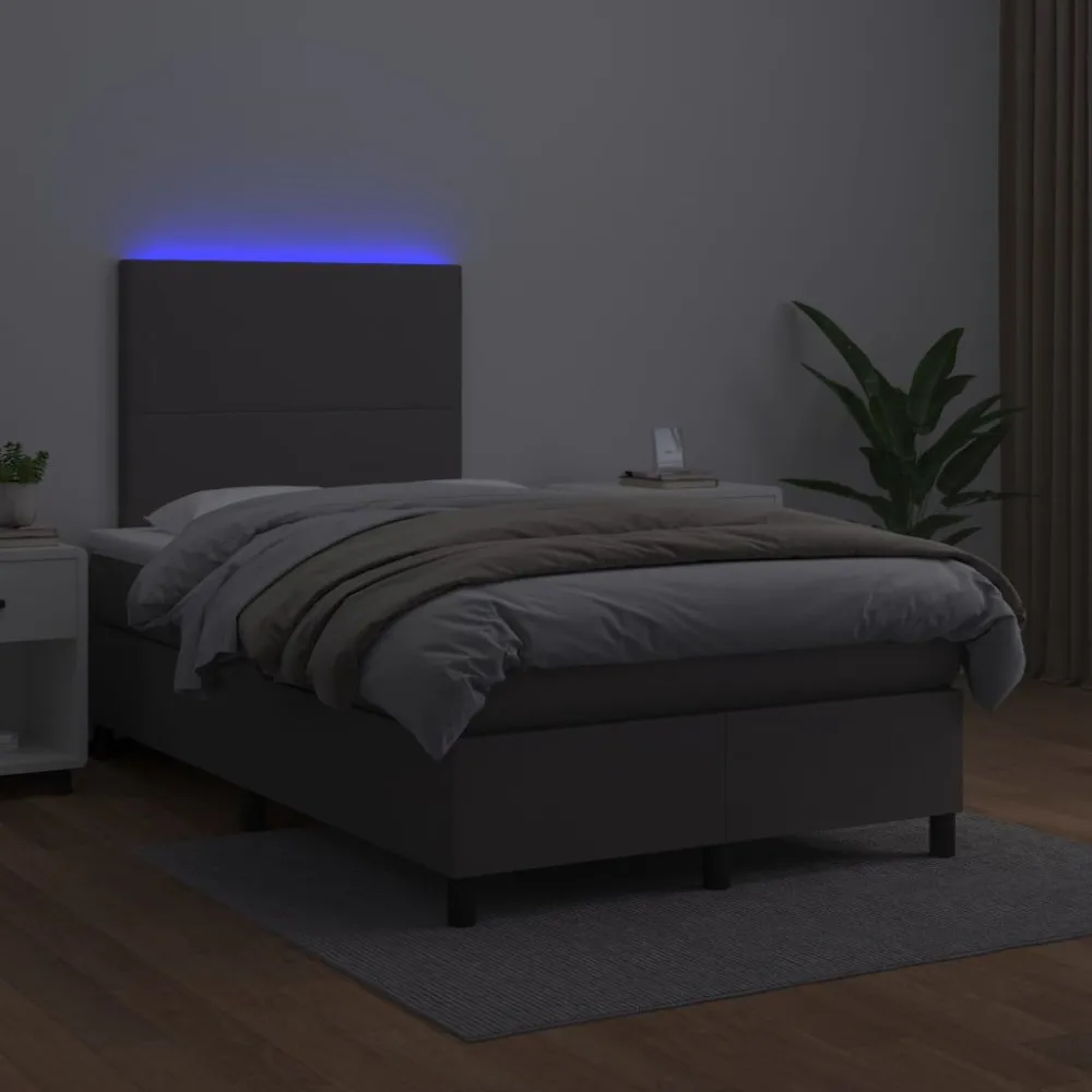 Cama box spring com colchão/LED 120x200cm couro artificial cinza