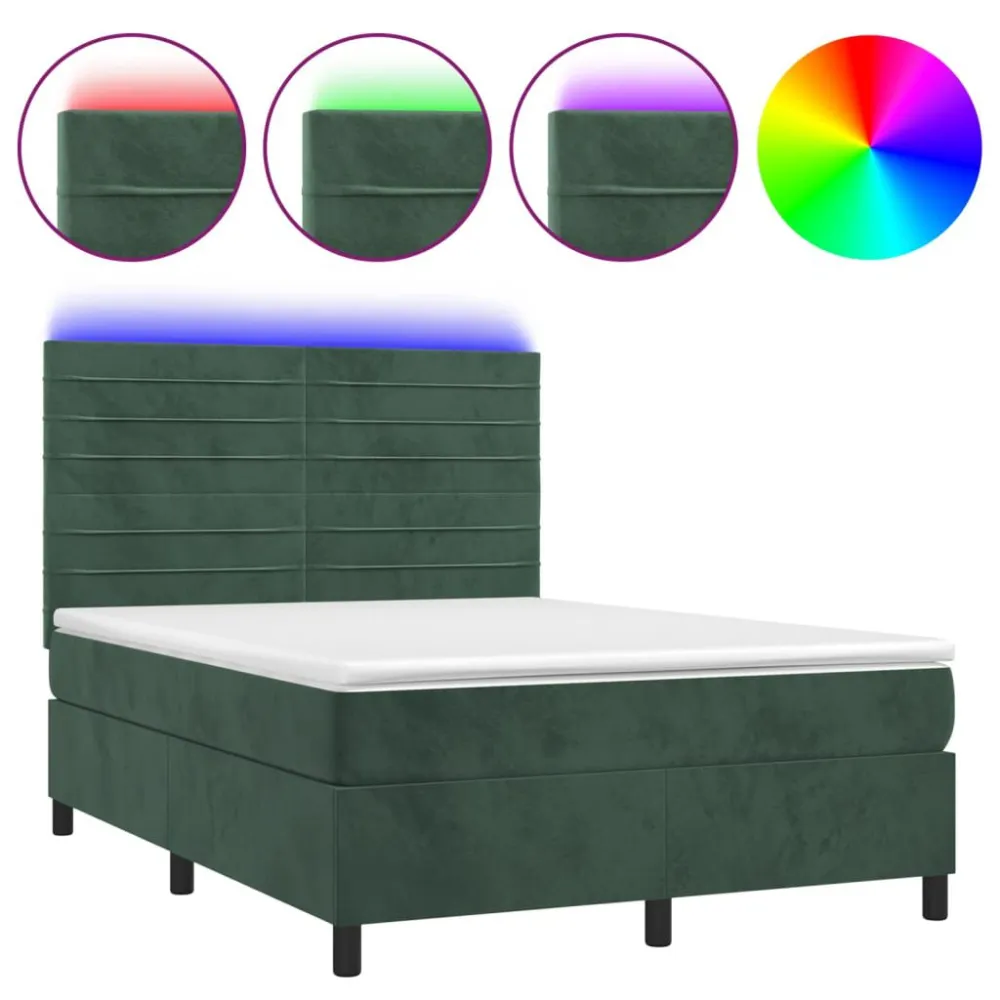 Cama box spring com colchão/LED 140x190 cm veludo verde-escuro