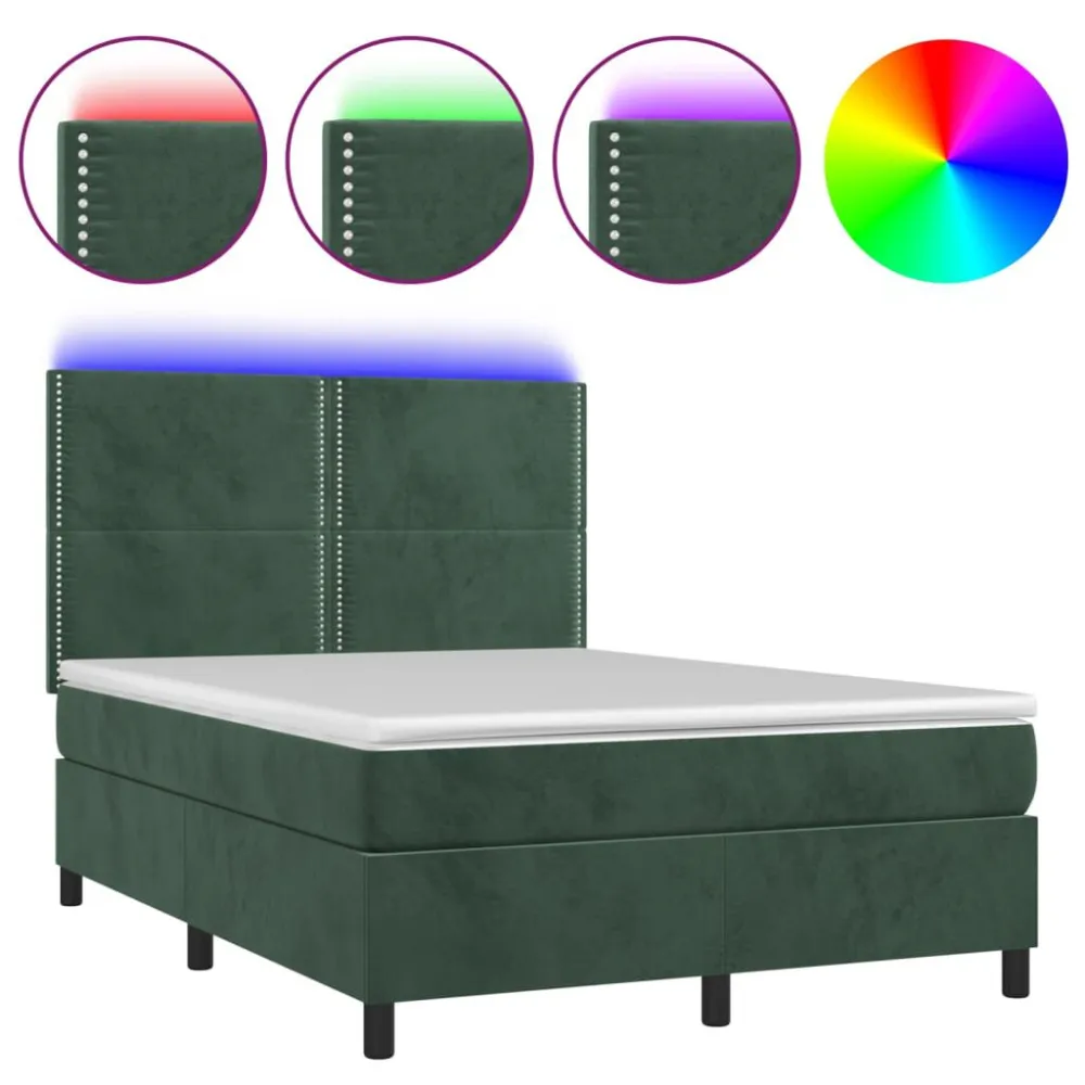 Cama box spring com colchão/LED 140x190 cm veludo verde-escuro