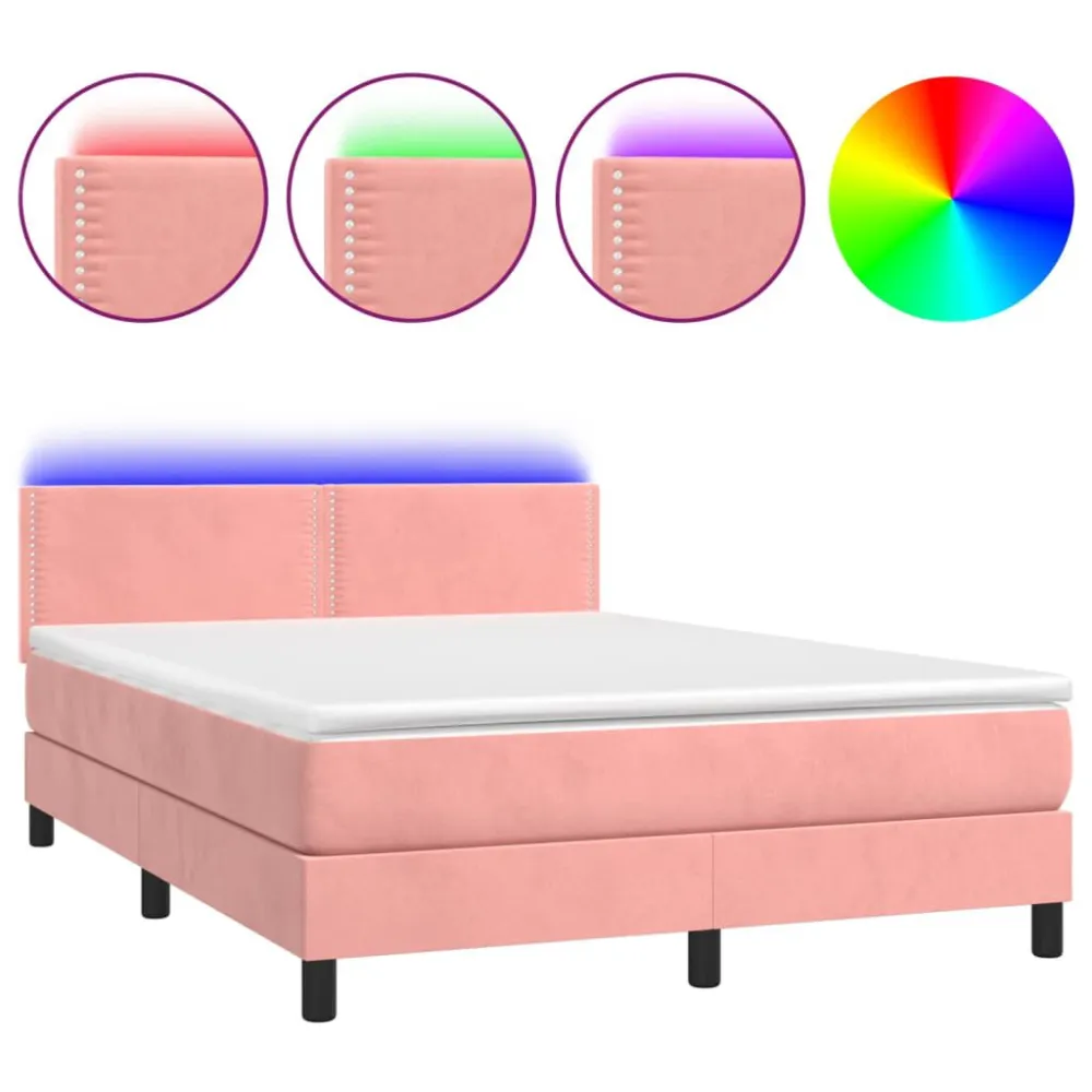 Cama box spring com colchão/LED 140x190 cm veludo rosa