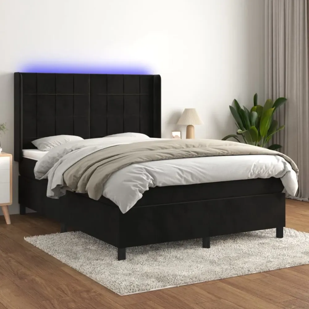 Cama box spring com colchão/LED 140x190 cm veludo preto