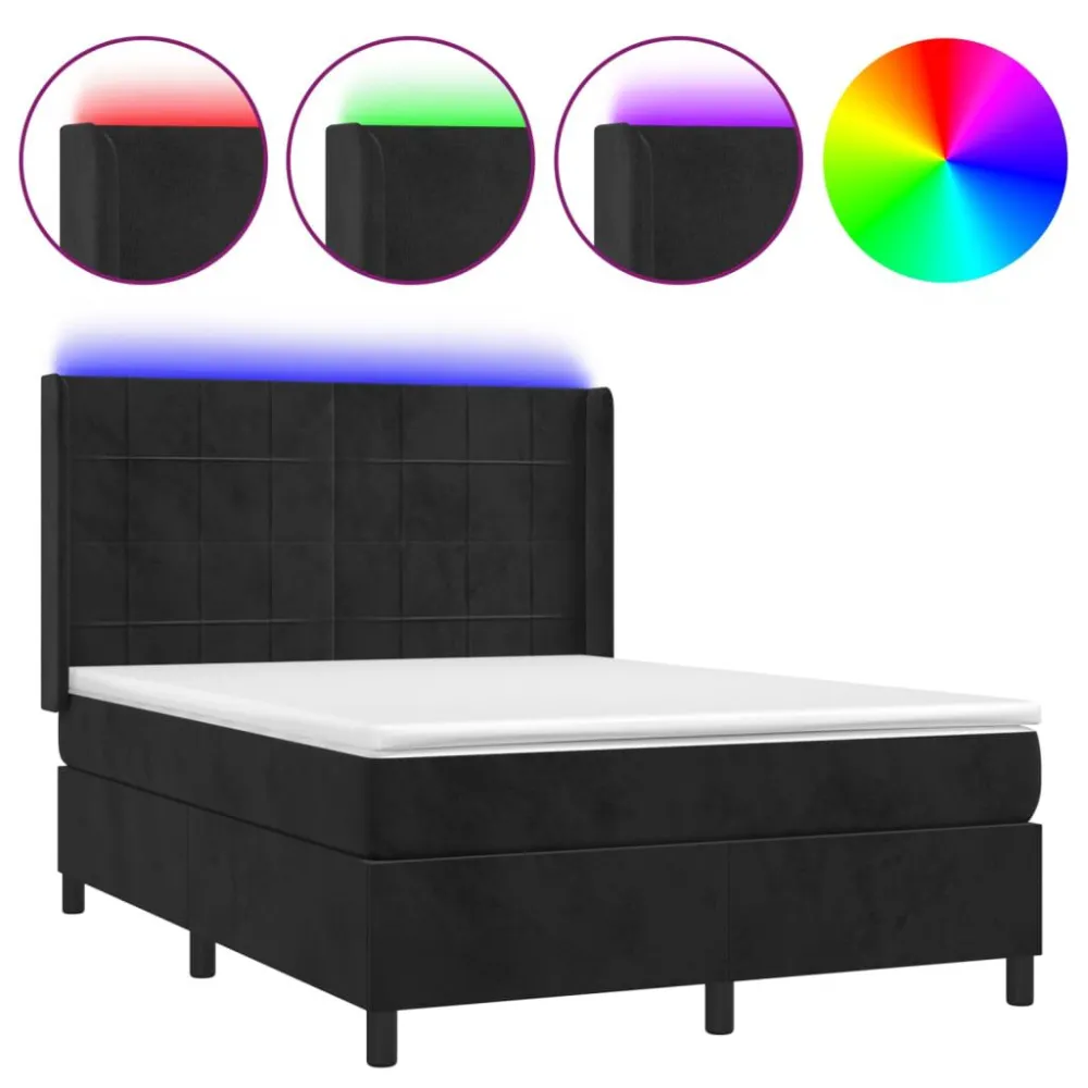 Cama box spring com colchão/LED 140x190 cm veludo preto