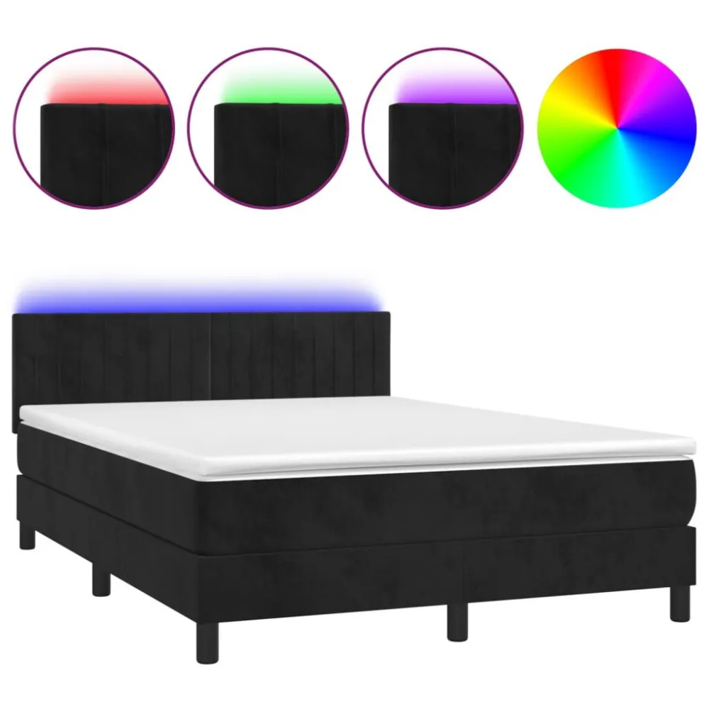Cama box spring com colchão/LED 140x190 cm veludo preto