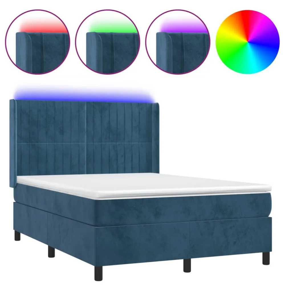 Cama box spring com colchão/LED 140x190 cm veludo azul-escuro