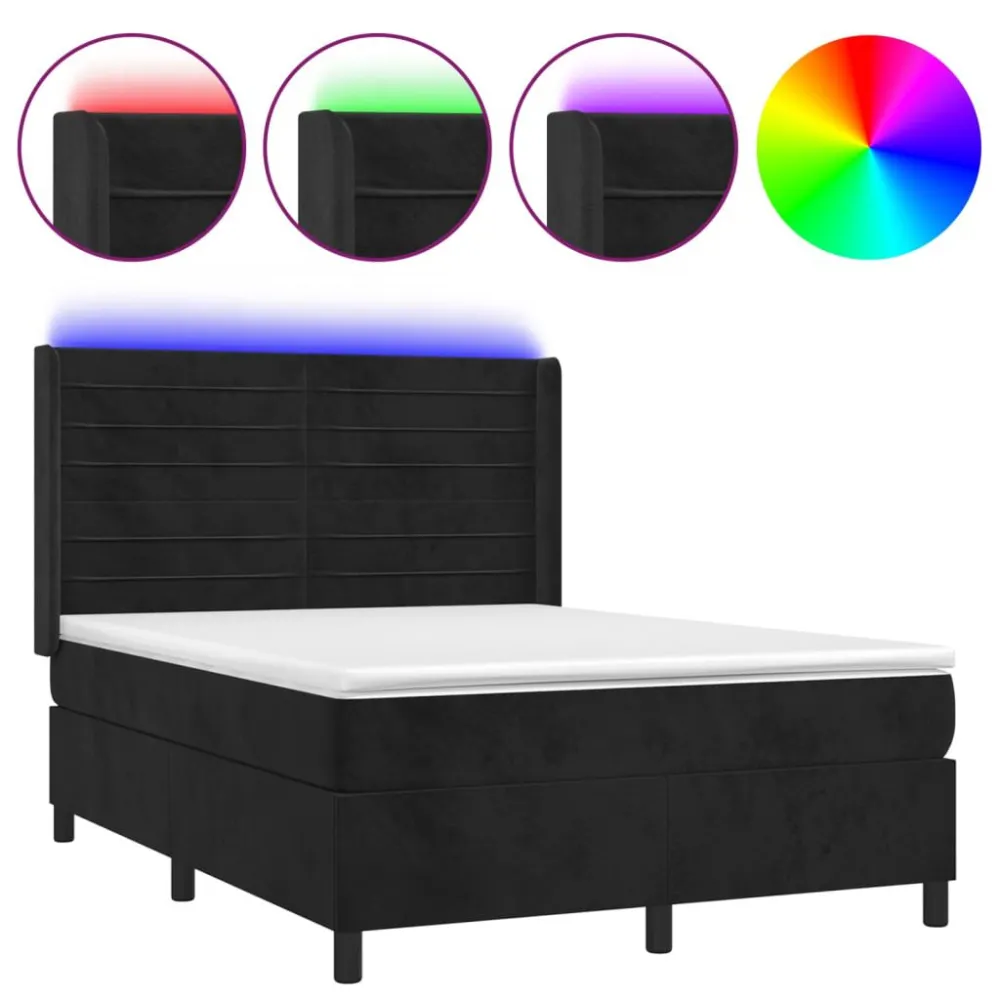 Cama box spring com colchão/LED 140x190 cm veludo preto