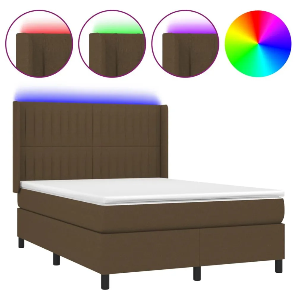 Cama box spring com colchão/LED 140x190cm tecido castanho-escuro