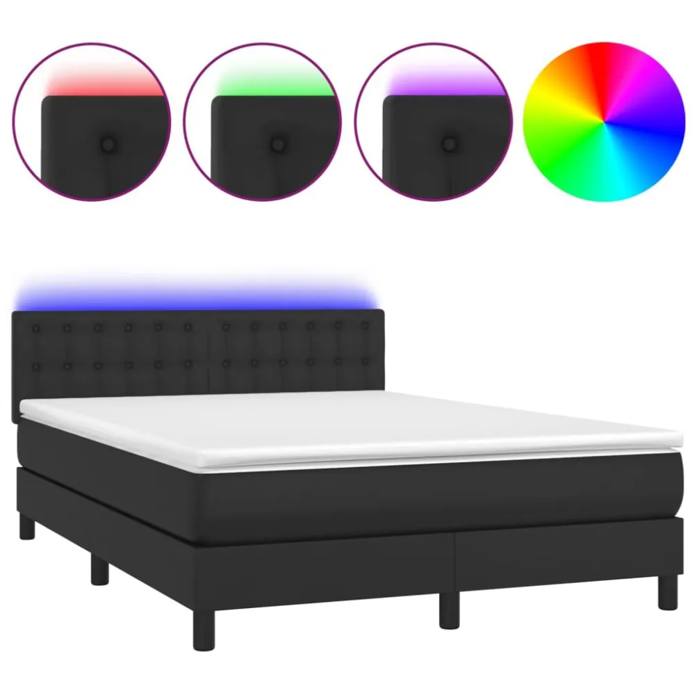 Cama box spring com colchão/LED 140x190cm couro artificial preto