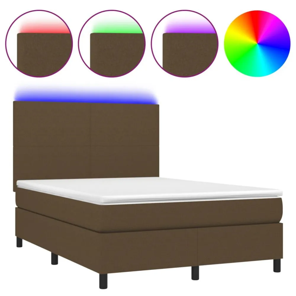 Cama box spring com colchão/LED 140x190cm tecido castanho-escuro