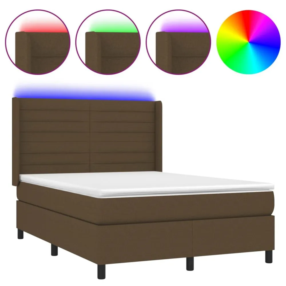 Cama box spring com colchão/LED 140x190cm tecido castanho-escuro