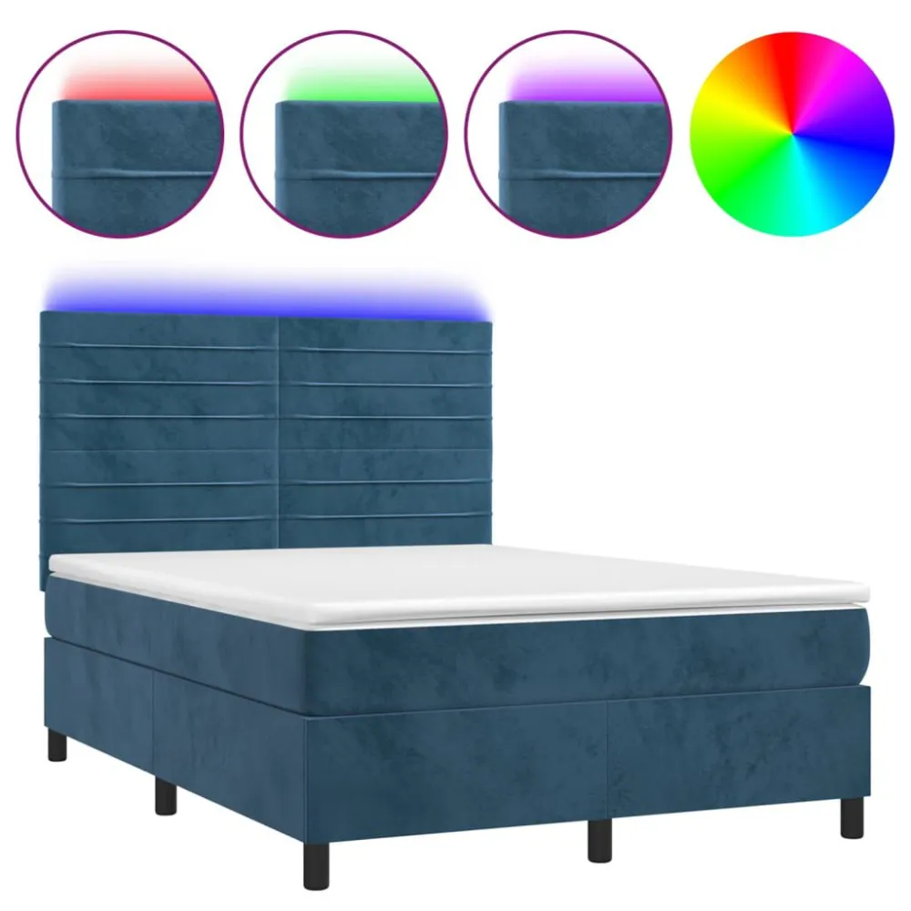 Cama box spring com colchão/LED 140x200 cm veludo azul-escuro