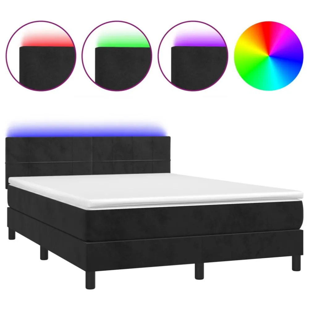 Cama box spring com colchão/LED 140x200 cm veludo preto