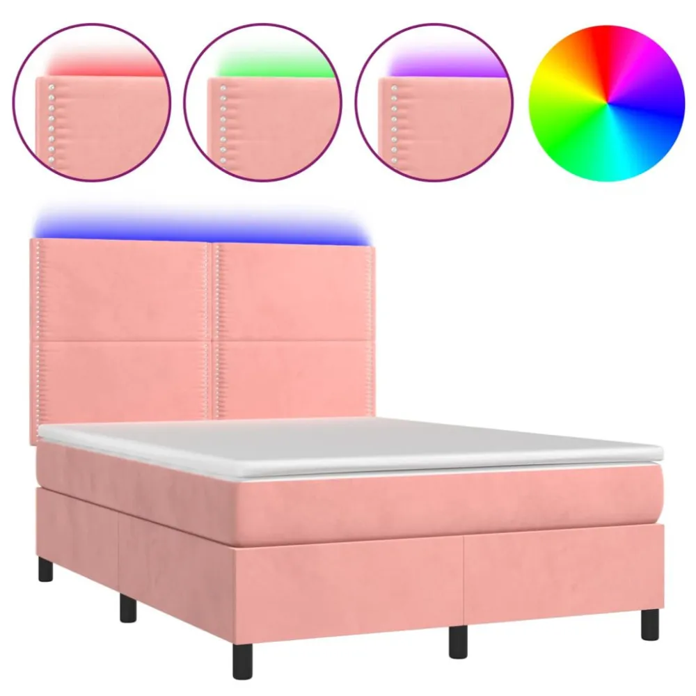 Cama box spring com colchão/LED 140x200 cm veludo rosa