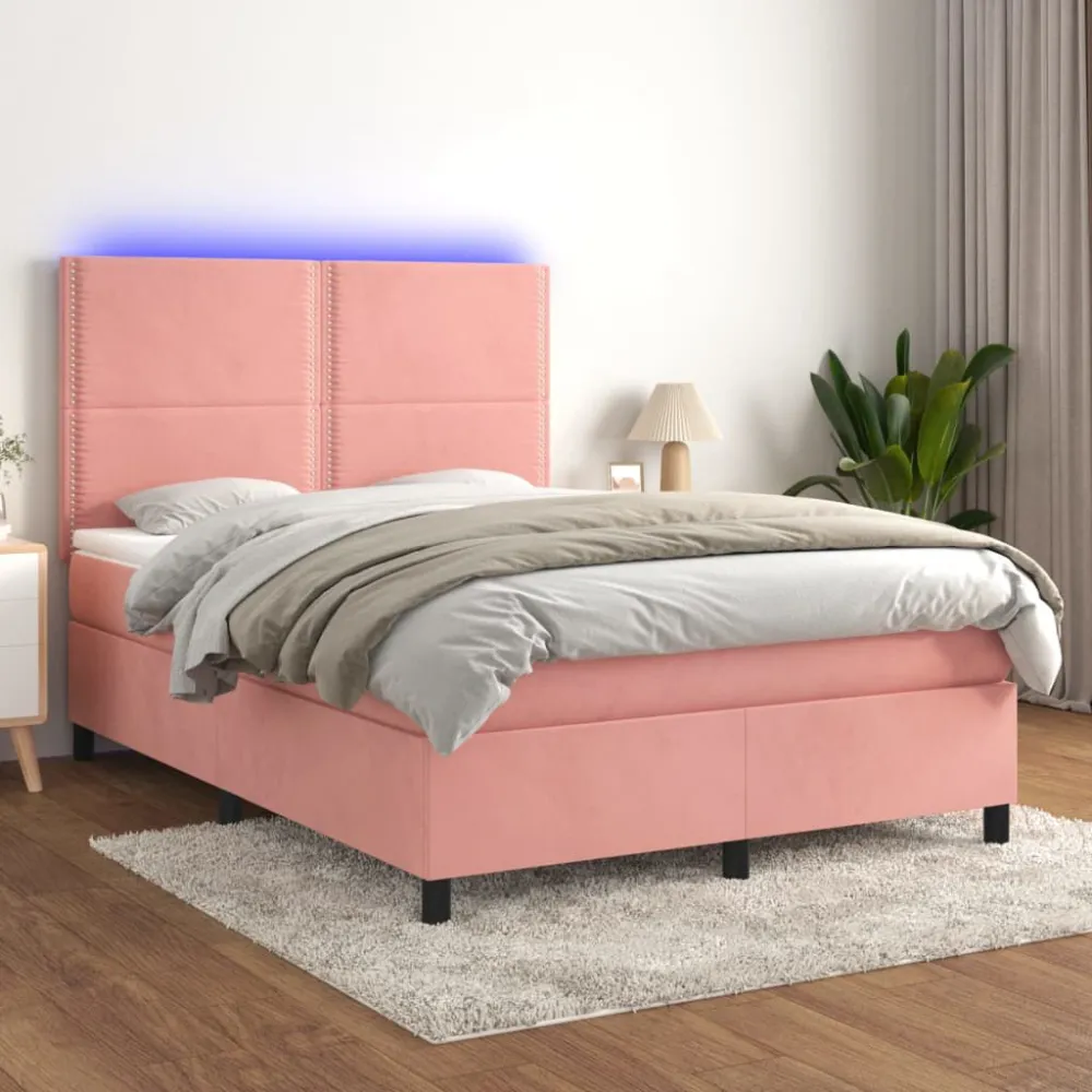 Cama box spring com colchão/LED 140x200 cm veludo rosa