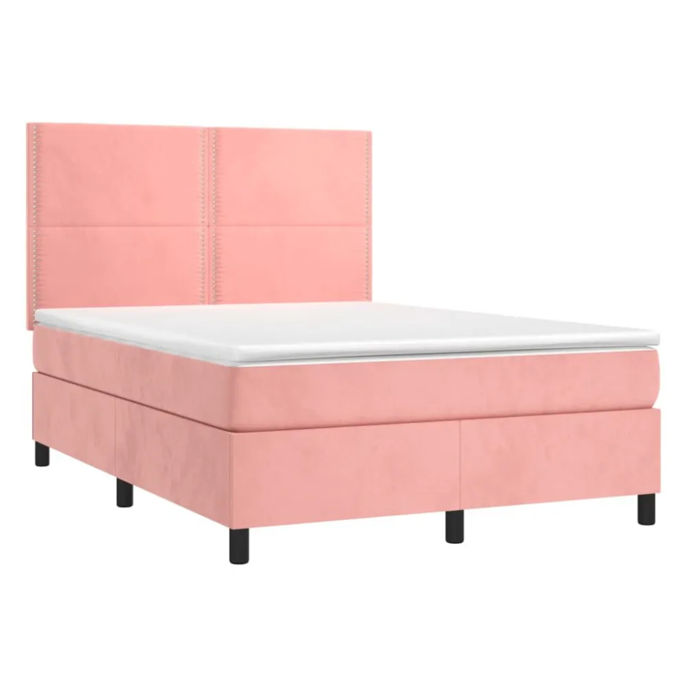 Cama box spring com colchão/LED 140x200 cm veludo rosa