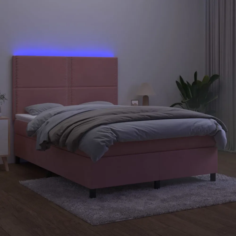 Cama box spring com colchão/LED 140x200 cm veludo rosa