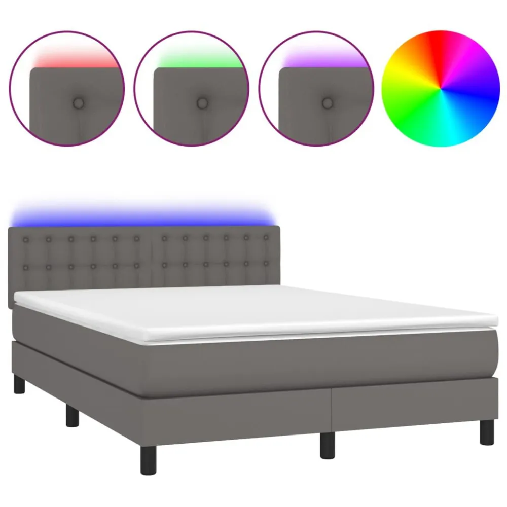 Cama box spring com colchão/LED 140x200cm couro artificial cinza