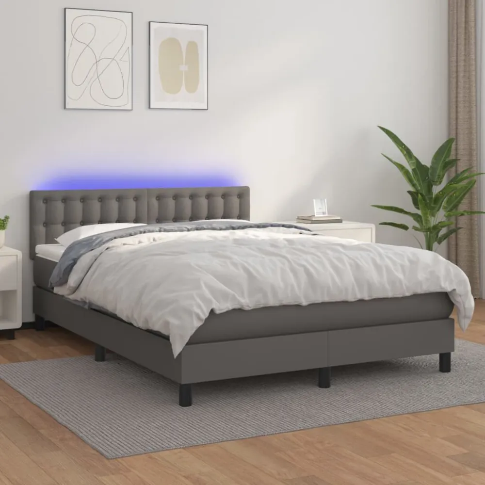 Cama box spring com colchão/LED 140x200cm couro artificial cinza
