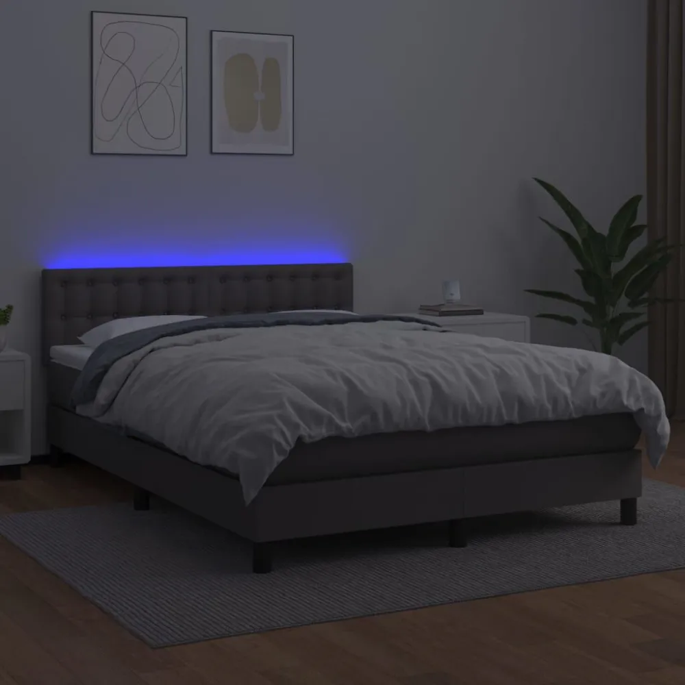 Cama box spring com colchão/LED 140x200cm couro artificial cinza
