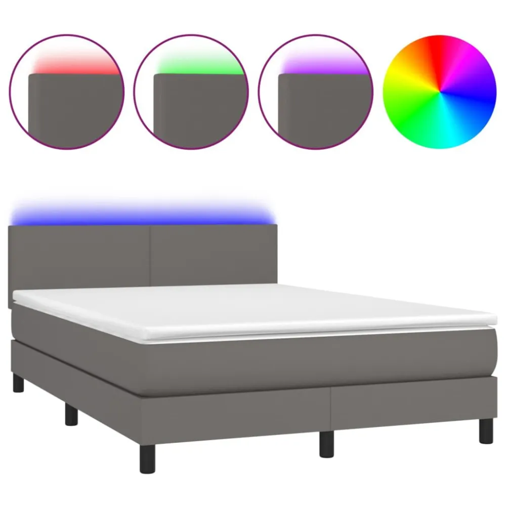 Cama box spring com colchão/LED 140x200cm couro artificial cinza