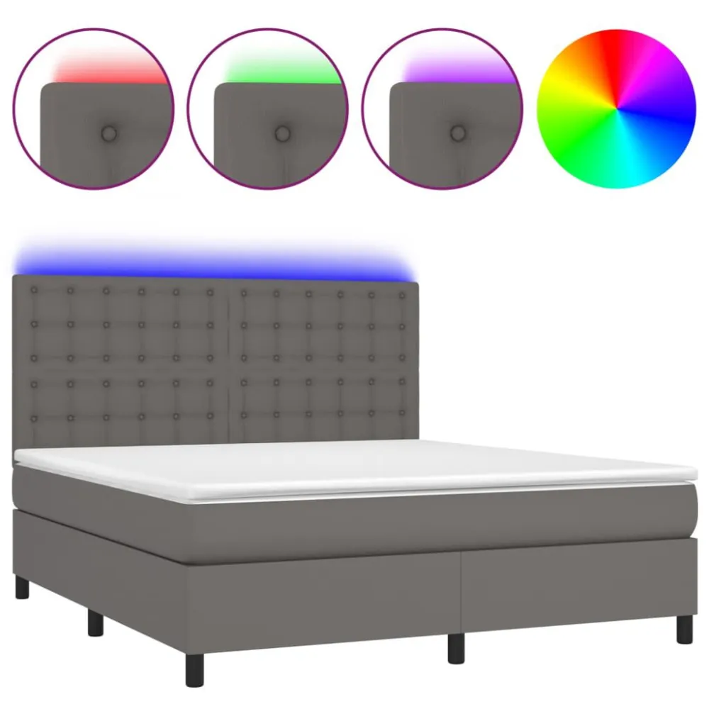 Cama box spring com colchão/LED 160x200cm couro artificial cinza