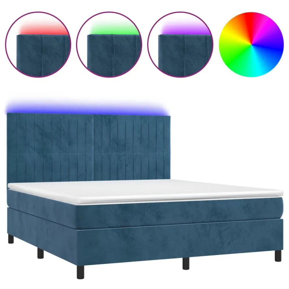 Cama box spring com colchão/LED 180x200 cm veludo azul-escuro