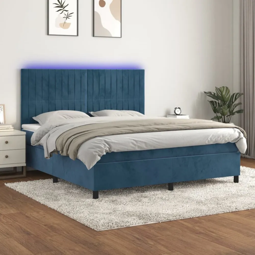 Cama box spring com colchão/LED 180x200 cm veludo azul-escuro