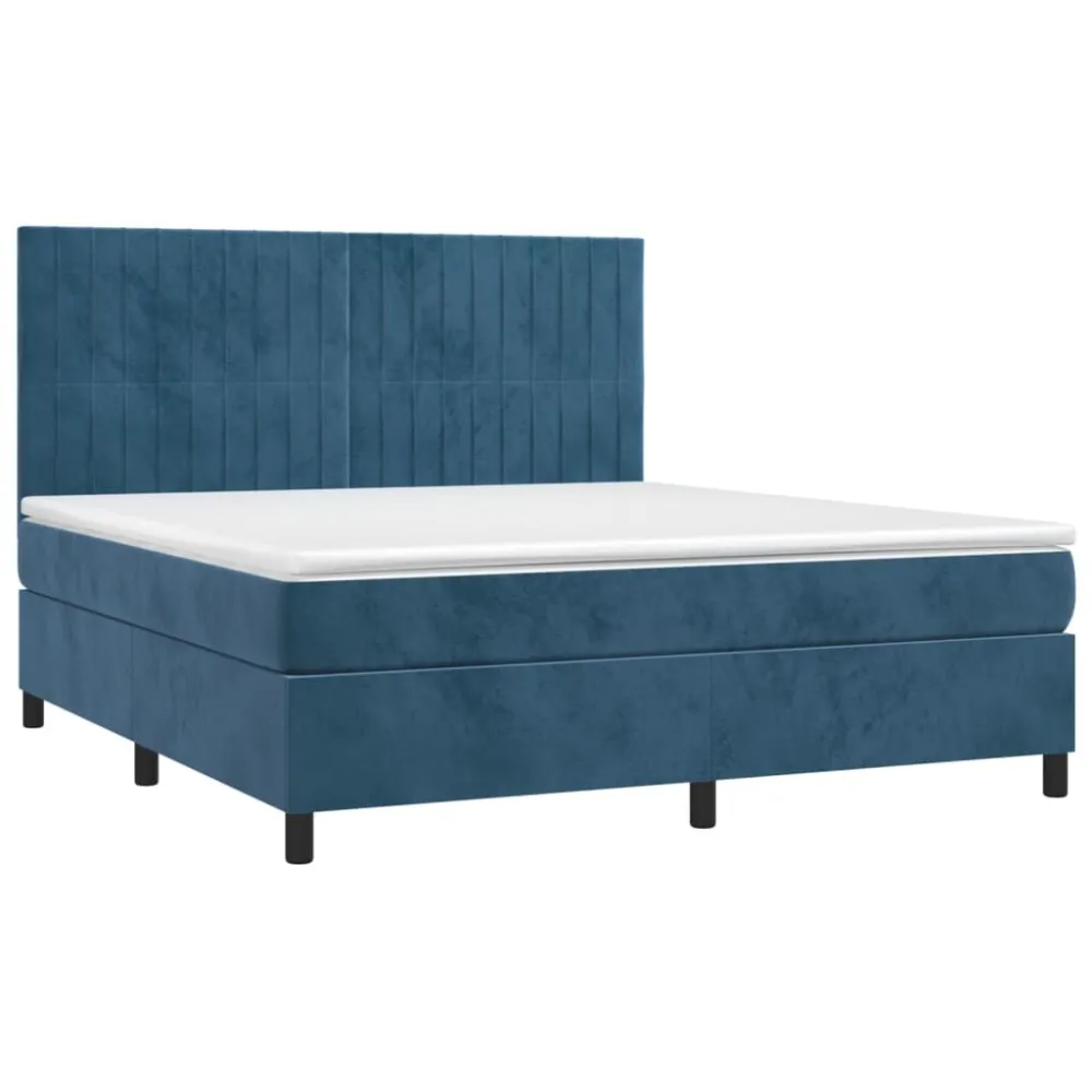 Cama box spring com colchão/LED 180x200 cm veludo azul-escuro