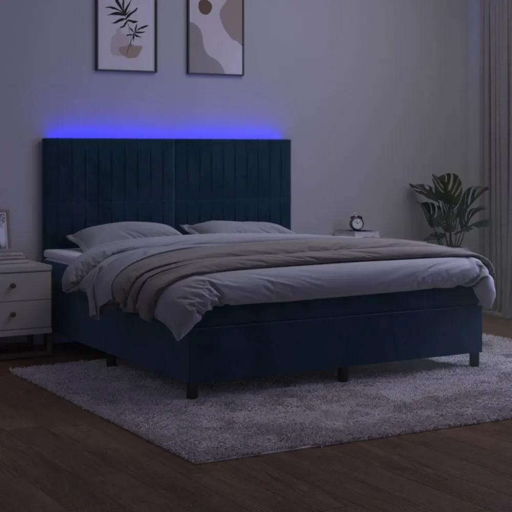 Cama box spring com colchão/LED 180x200 cm veludo azul-escuro