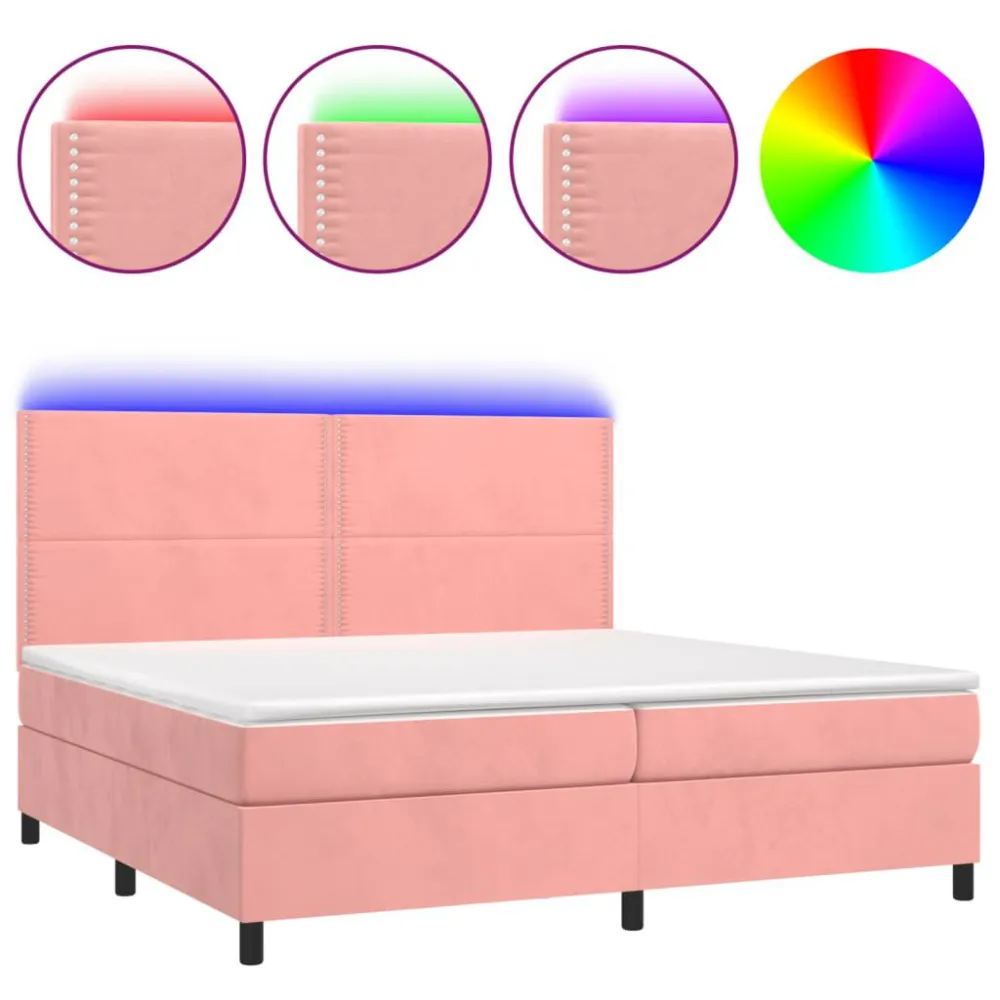 Cama box spring com colchão/LED 200x200 cm veludo rosa