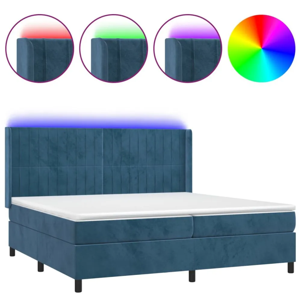 Cama box spring com colchão/LED 200x200 cm veludo azul-escuro