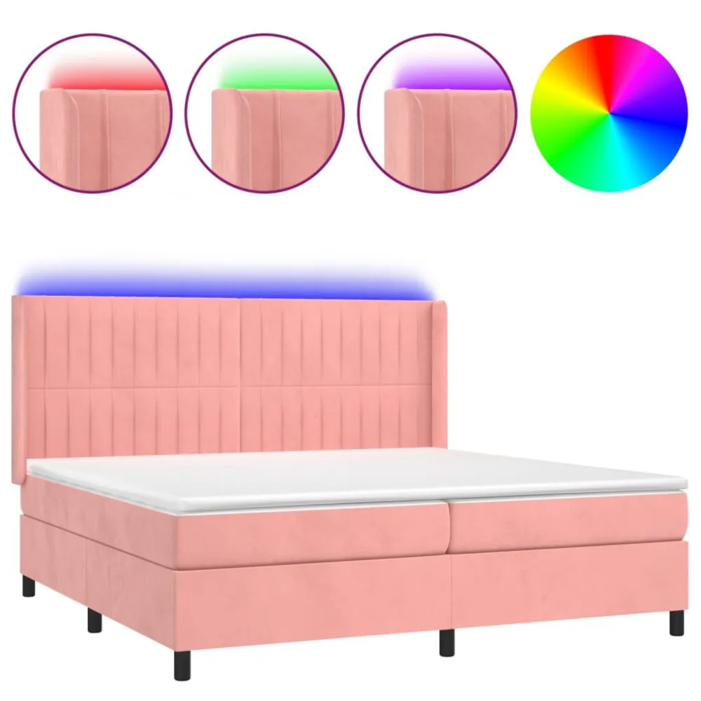 Cama box spring com colchão/LED 200x200 cm veludo rosa