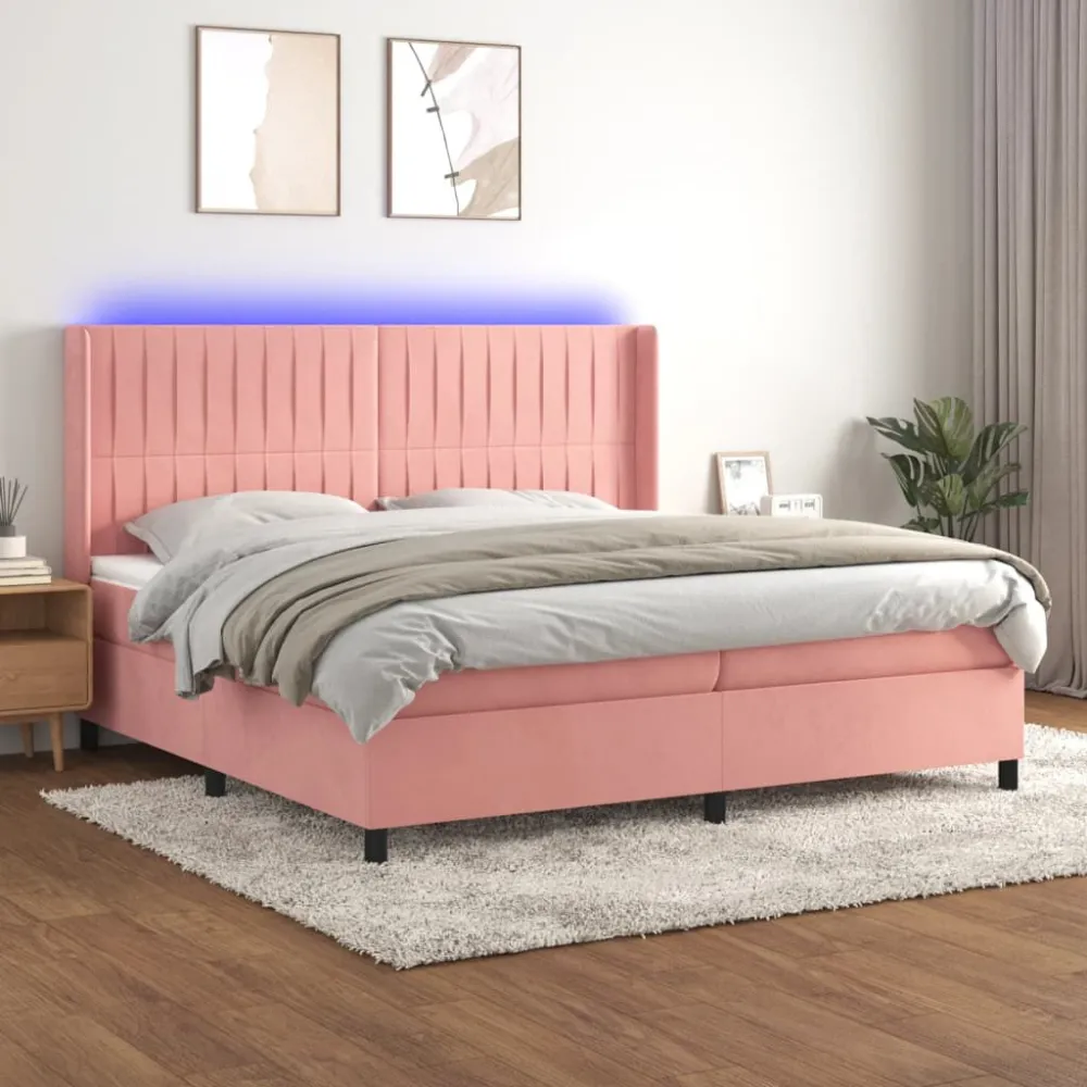Cama box spring com colchão/LED 200x200 cm veludo rosa