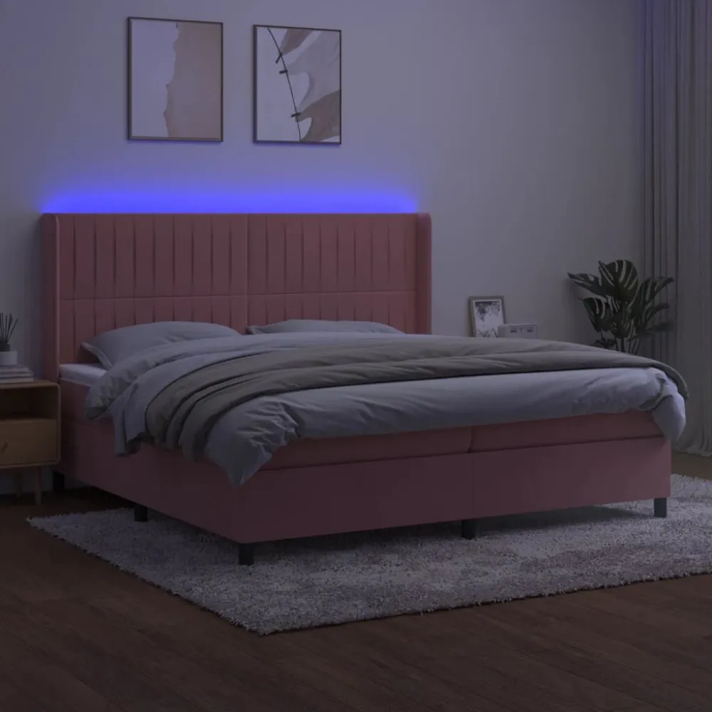 Cama box spring com colchão/LED 200x200 cm veludo rosa